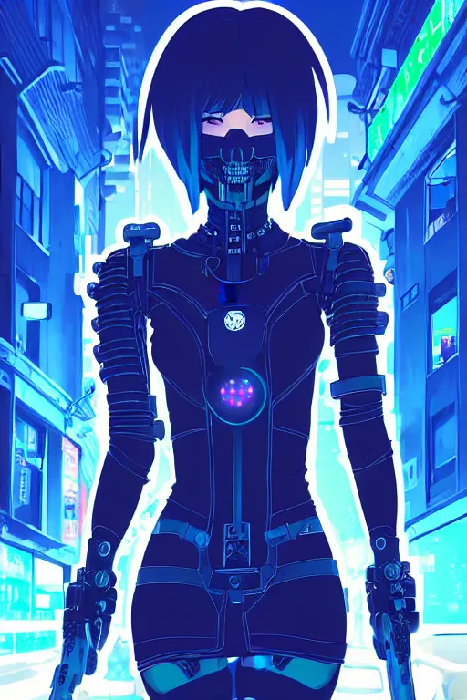 Image similar to digital illustration portrait of cyberpunk pretty girl metal skull armor with blue hair, wearing dominatrix outfit, in city street at night, by makoto shinkai, ilya kuvshinov, lois van baarle, rossdraws, basquiat