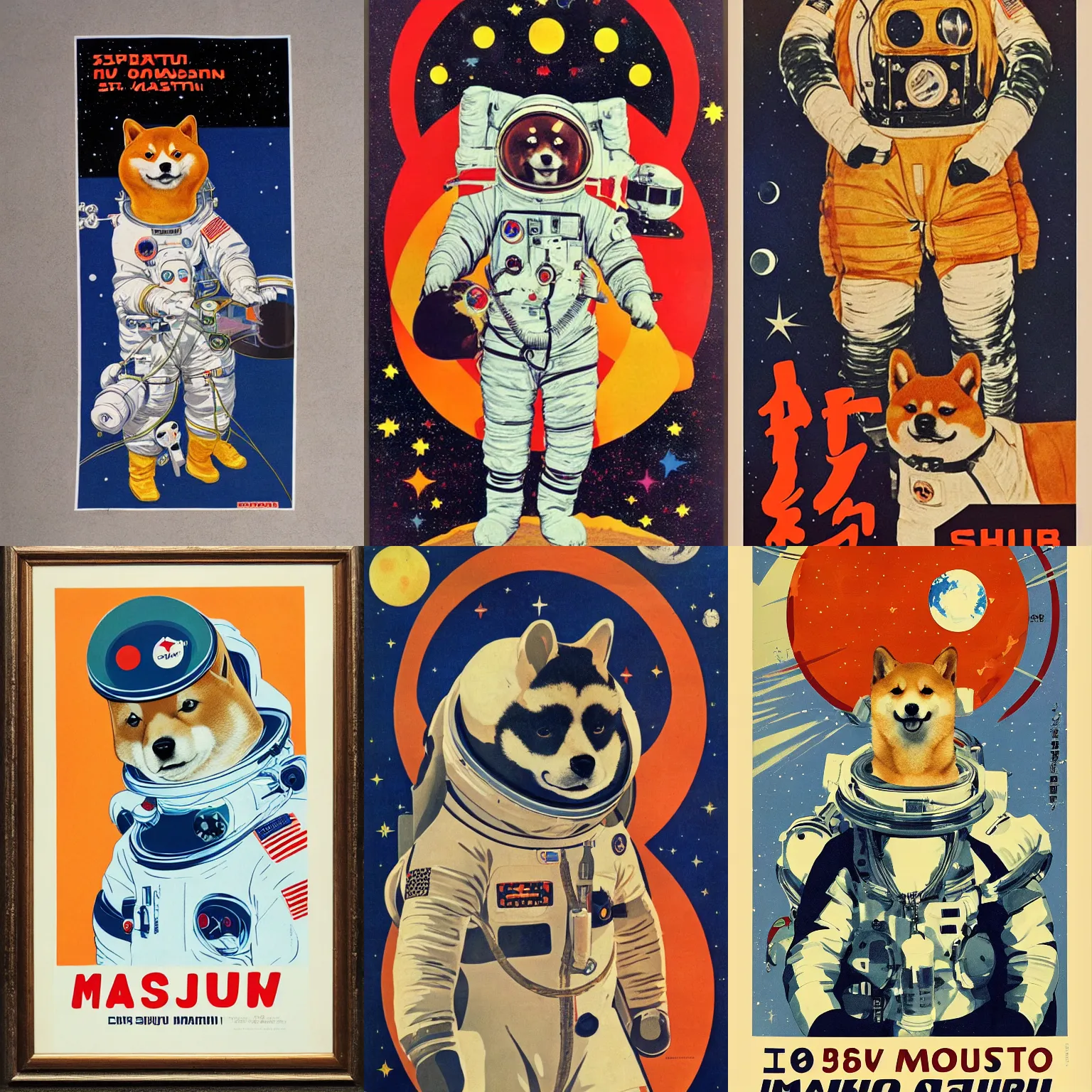 Prompt: Shiba Inu cosmonaut portrait, mars mission, 60s poster, 1966 Soviet Japanese