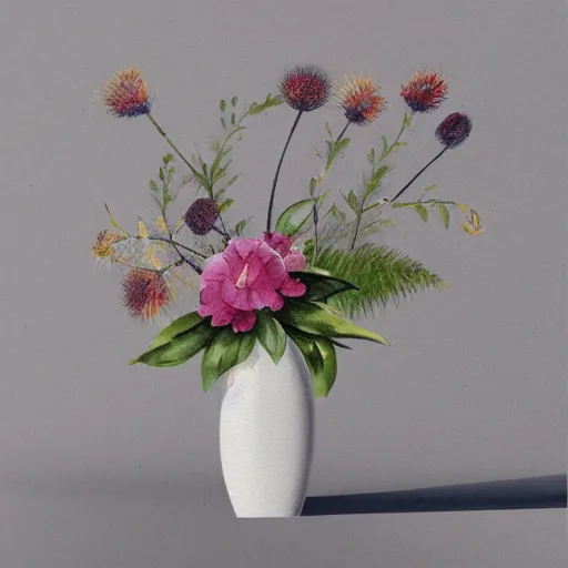 Image similar to monochrome watercolor high vase with dry flowers, background shifon