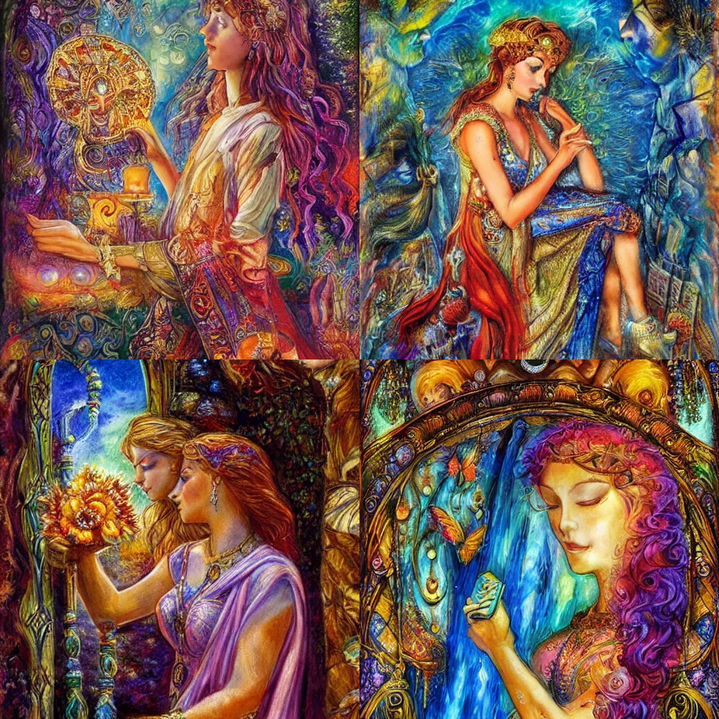 Prompt: goddess by josephine wall checking her phone