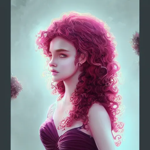 Image similar to teen girl, curly pink hair, gorgeous, amazing, elegant, intricate, highly detailed, digital painting, artstation, concept art, sharp focus, illustration, art by Ross tran