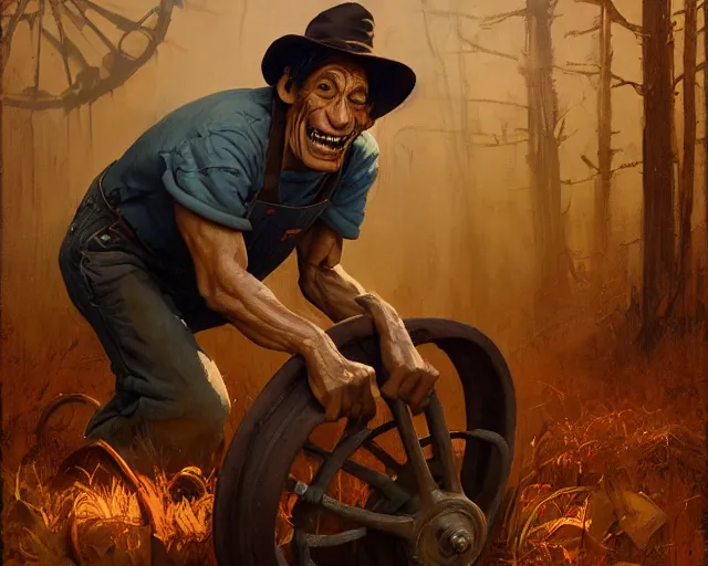 Prompt: jim varney as ernest p worrell, overalls, pushing a wheel barrow halloween night, by greg rutkowski and frank frazetta, intricate, artstation, cinematic, style of magic : the gathering