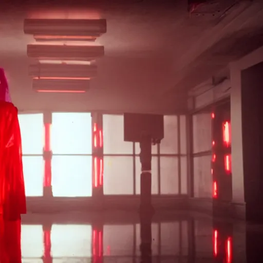 Image similar to cinematic portrait of a runaway bride of frankenstein replicant with bright make up and a red translucent plastic raincoat in an empty room, still from the movie bladerunner, fashion photography, a neon sign is in the background