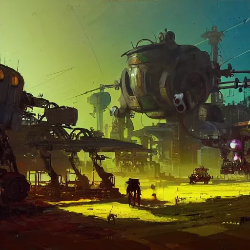 Image similar to dieselpunk concept art of a humble farm with robots and mechas working on it, grimy, gritty, dieselpunk trending on artstation, award winning painting, cgi, art by john berkey and anton fadeev and john howe and simon stalenhag