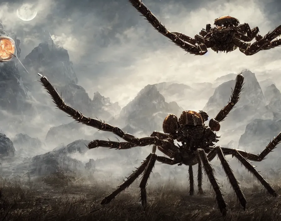 Image similar to big metal spider in tactical rpg videogame, beautiful graphics, fantasy artwork, very beautiful scenery, hdv, hdr, ue 5, ue 6, unreal engine 5, cinematic 4 k wallpaper, 8 k, ultra detailed