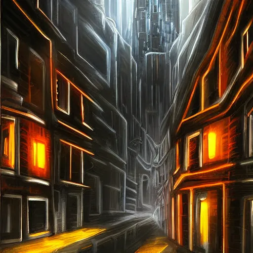 Image similar to futuristic evil city at dusk. figure is obscured by darkness with two bright, shining eyes peering out from the shadows of an alley. cgartist