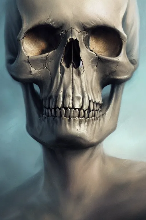 Image similar to skull, close - up portrait, powerfull, intricate, elegant, volumetric lighting, scenery, digital painting, highly detailed, artstation, sharp focus, illustration, concept art, ruan jia, steve mccurry