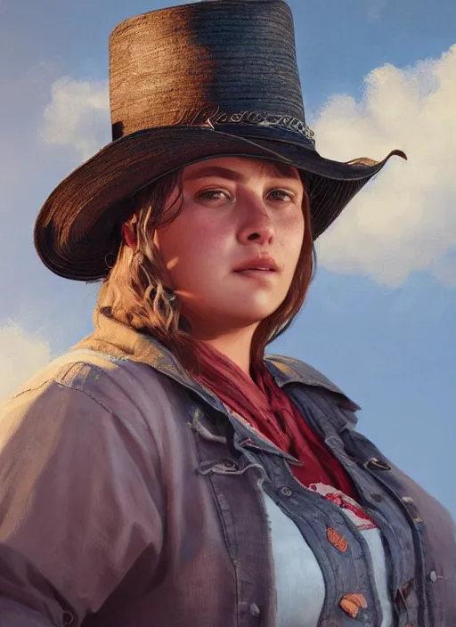 Image similar to highly detailed portrait of chubby woman wearing a white wide brim straw hat and a denim jacket, determined. red dead redemption art, unreal engine, fantasy art by greg rutkowski