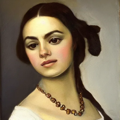 Prompt: a portrait of selina gomez in an 1 8 5 5 painting by elisabeth jerichau - baumann. painting, oil on canvas