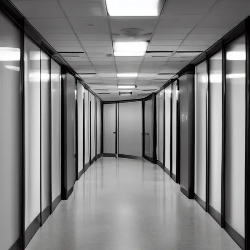 Prompt: curved still of an endless office hallway into an elevator, liminal feeling, uncanny