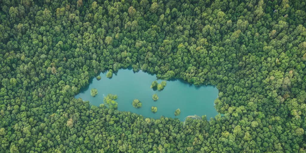 Prompt: areal view of peninsula, village, surrounded by two lakes, forest, national park, very detailed, 4 k, award winning photography