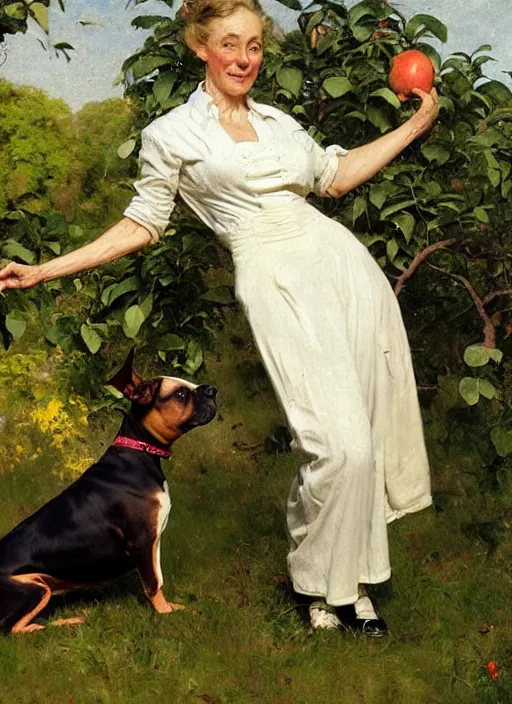 Prompt: illustration full body portrait of elegant slim mature woman standing beside staffordshire bull terrier in orchard, by norman rockwell, roberto ferri, daniel gerhartz, tom lovell, dean cornwell