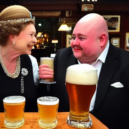 Prompt: Queen Elizabeth having a pint with a fat bald guy at the local pub