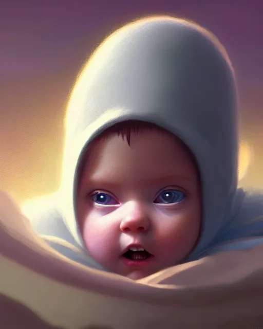 Image similar to highly detailed vfx portrait of a baby cherub angel character wearing a balaclava, stephen bliss, unrealengine, greg rutkowski, loish, rhads, beeple, makoto shinkai and lois van baarle, ilya kuvshinov, rossdraws, tom bagshaw,