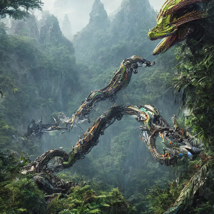 Image similar to hyperrealistic matte painting of futuristic robot quetzalcoatl, dragon, feathered dragon, flying above the jungle by eddie mendoza, beeple, 4 k, trending on cgsociety
