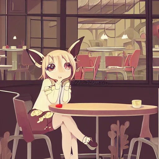 Image similar to detailed painting of a cute character with animal ears relaxing inside a cafe, vector art by kobaruta and shinonoko, featured on pixiv, romanticism, warm lighting, 2 d game art, flat shading, pixiv