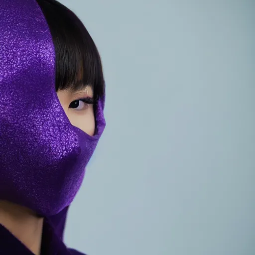 Prompt: close up portrait photography of beautiful asian female model wearing balaclava and golden neckkace, purple and blue futuristic light