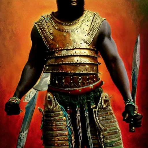 Prompt: one bearded african american spartan warrior. wearing intricate breastplate. masterpiece by Les Edwards