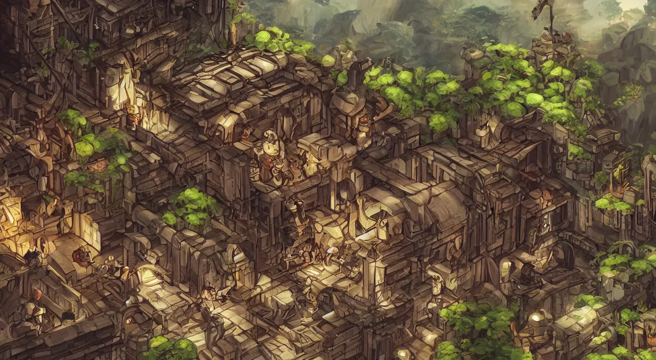 Prompt: open door wood wall fortress airship greeble block amazon jungle vanillaware fanart arstation by sung choi and eric pfeiffer and gabriel garza and casper konefal