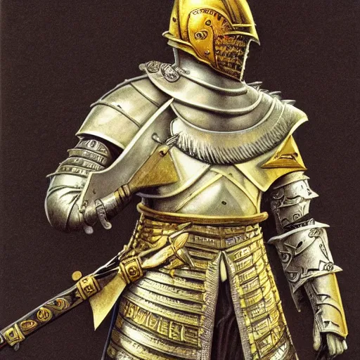 Prompt: donald trump, knights armor, one broadsword, by hans holdein, donald trumps highly detailed handsome face, two arms, two legs, knights armor