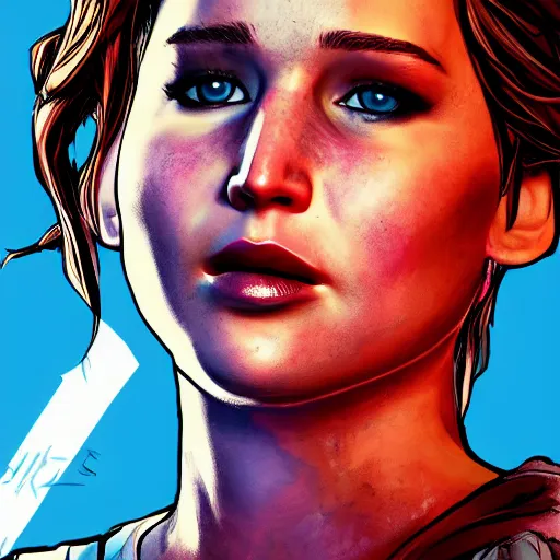 Image similar to jennifer lawrence portrait, borderlands, tales from the borderlands, the wolf among us, comic, cinematic lighting, studio quality, 8 k