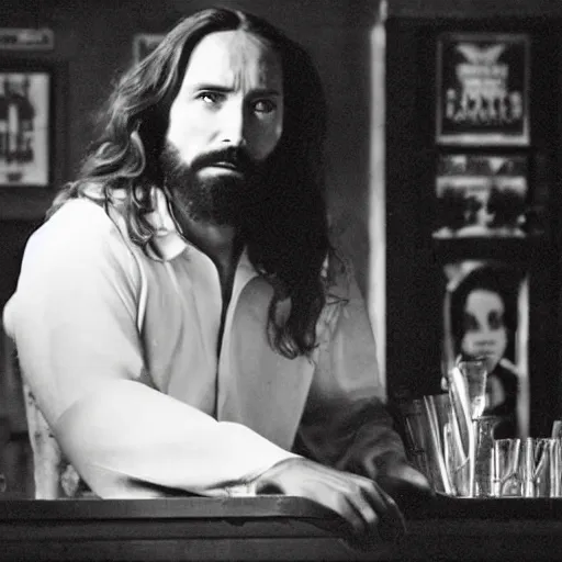 Image similar to a still of jesus sitting on a stool at the bar, last call. dark, smoky. he's looking to sin