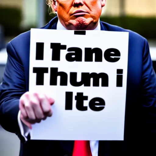 Prompt: a photo of Donald Trump holding a sign that says 'I hate signs !', cinematic