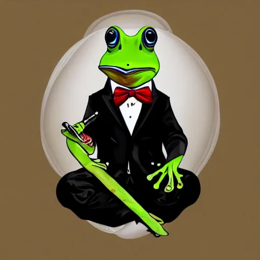 Image similar to a frog 🐸 wearing a suit smoking a cigar