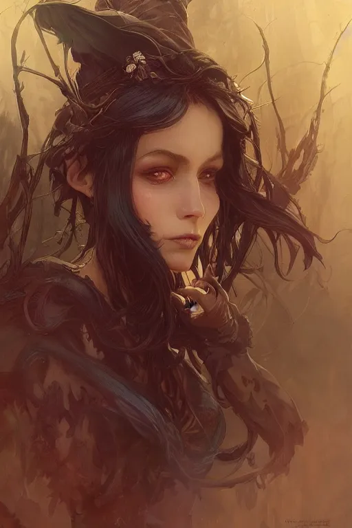 Prompt: A goblin witch, d&d, fantasy, pretty, beautiful, intricate, elegant, highly detailed, digital painting, artstation, concept art, smooth, sharp focus, illustration, art by artgerm and greg rutkowski and alphonse mucha