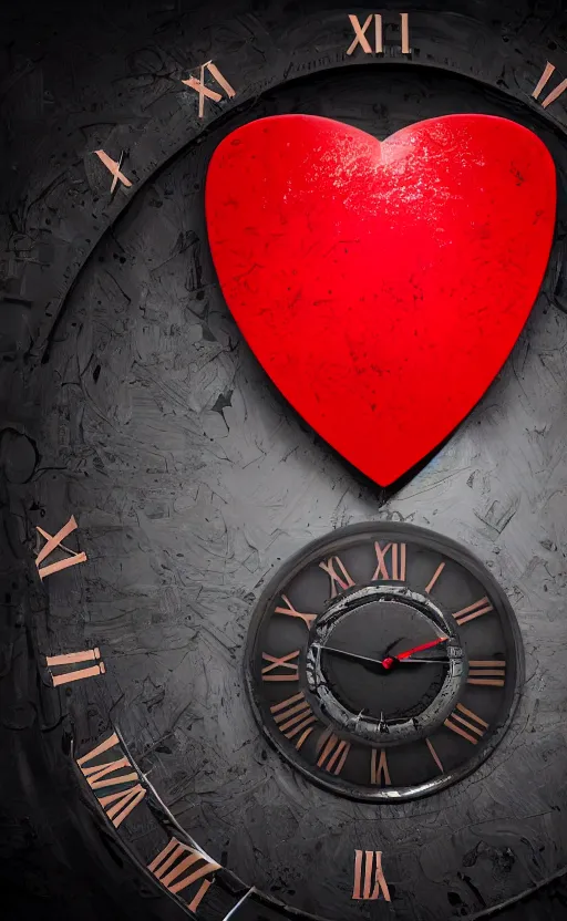 Image similar to a melting Roman numeral clock, behind a red and black gradient background, awith a black heart shaped on the top left corner and a black diamond card shape in the bottom right corner, dynamic lighting, photorealistic fantasy concept art, trending on art station, stunning visuals, cinematic, creative, ultra detailed