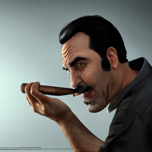 Image similar to a midage italian male, beardless, short black hair with gel, overweight, fine white shirt, leather belt, black pants, leather shoes, smoking a cigar, close up, gta v style, concept art, highly detailed, hyper realistic, unreal engine