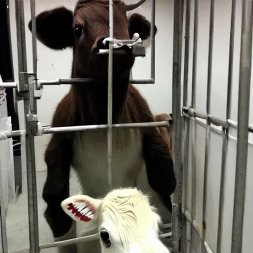 Image similar to jailphoto of a cute calf dressed as an inmate inside jail