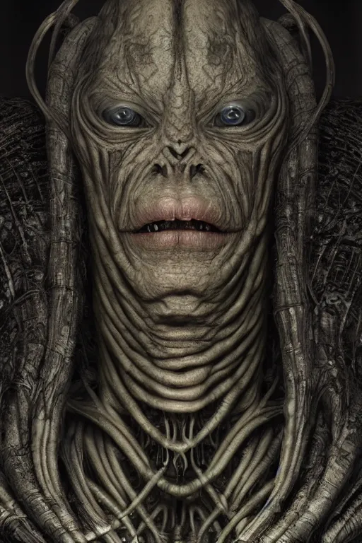 Prompt: ultrarealistic portrait of a creepy alien monster, detailed matte painting, dark atmosphere, by h. r. giger and h. p. lovecraft, octane render, cgi