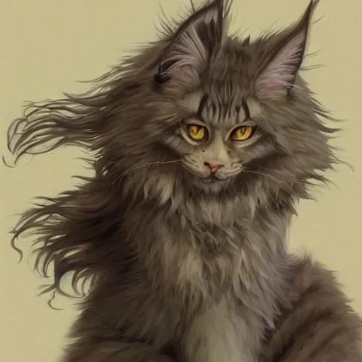 Image similar to stone maine coon, anthropomorphic large maine coon, dnd bipedal golem character, golem coon, aware. stone cat. dnd character concept, dnd digital painting, dnd artstation, dnd concept art, smooth, super sharp focus, illustration, art by artgerm and h r giger and alphonse mucha