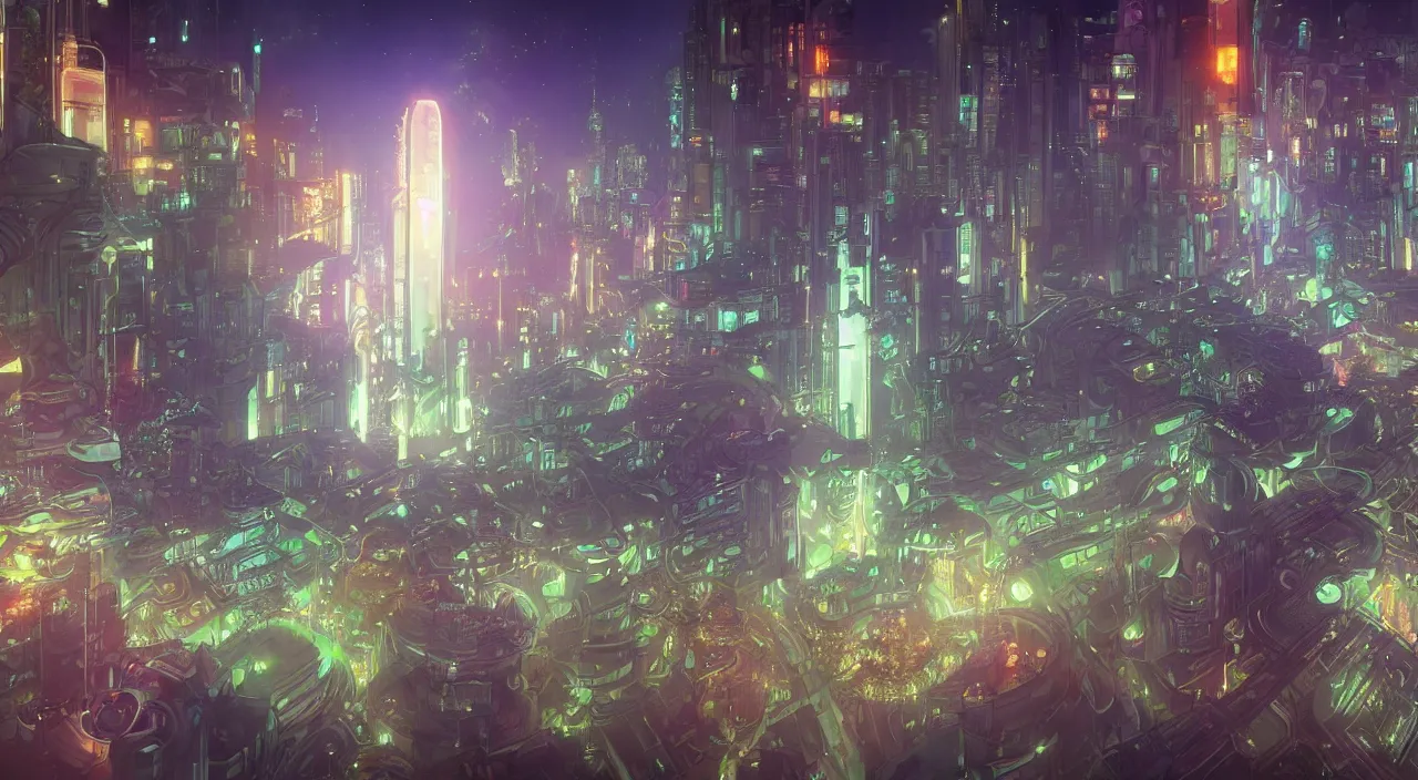 Image similar to a futuristic cityscape at night, with greenery, trees, flowers, neon lighting by Alfons Maria Mucha and Julie Dillon and Makoto Shinkai