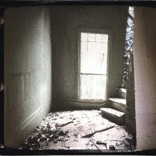 Image similar to the interior of a dark abandoned house with a creepy pale face at the top of a dark stairwell, old polaroid, blurry photo, expired film,