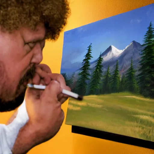 Image similar to a closeup photorealistic photograph of bob ross working on an image of kenny powers autographing a baseball, painting on a canvas. mountains and trees. film still. brightly lit scene. this 4 k hd image is trending on artstation, featured on behance, well - rendered, extra crisp, features intricate detail, epic composition and the style of unreal engine.