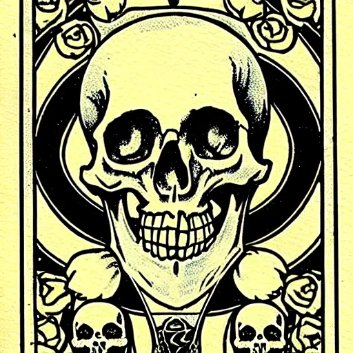 Prompt: tarot cards with skeletons skulls and roses, art nouveau, sharp,