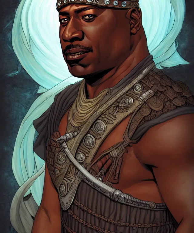 Image similar to a ( fantasy comic ) ( cover art ) portrait of a bedouin warrior who looks like ( michael clarke duncan ), digital illustration by jenny frison and sana takeda and kentaro miura, fine inking lines, vivid colors, dnd, highly detailed!, hd, 4 k, trending on artstation