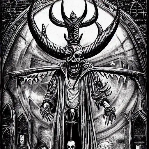 Prompt: A highly detailed occult art of a demon with huge horns and a skull mask , standing in the middle of a dark gothic cathedral , art by TheArchangel