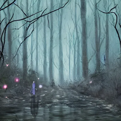 Prompt: on the road, muddy swamps and thorns, dad and mom took their daughter's hand and walked with difficulty, in the distance is the enchanted forest, there is a gentle light in the darkness and the glowing wings of the pixies flashing in the forest, the whole forest radiated a sacred light, studio ghibli style