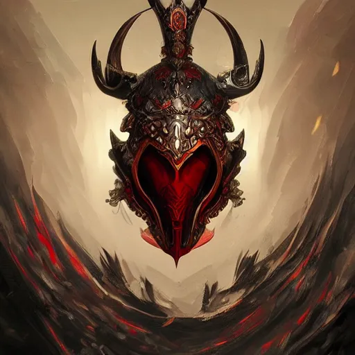 Prompt: An ornate front facing helm with large horns, Black steel with red trim, pulsing in blood red energy, intricate, elegant, highly detailed, digital painting, artstation, concept art, smooth, sharp focus, illustration, art by anato Finnstark and Peter mohrbacher,