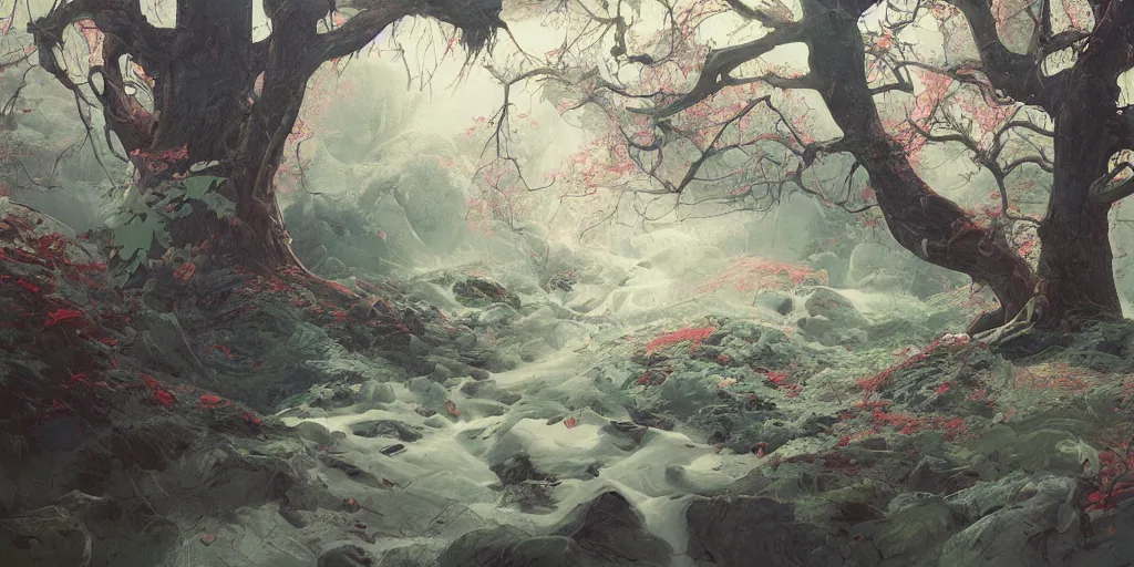 Image similar to landscape painting by james jean, redshift, octane