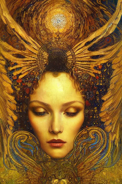 Image similar to Visions of Paradise by Karol Bak, Jean Deville, Gustav Klimt, and Vincent Van Gogh, visionary, otherworldly, dreamscape, radiant halo, fractal structures, infinite angelic wings, ornate gilded medieval icon, third eye, spirals, heavenly spiraling clouds with godrays, airy colors