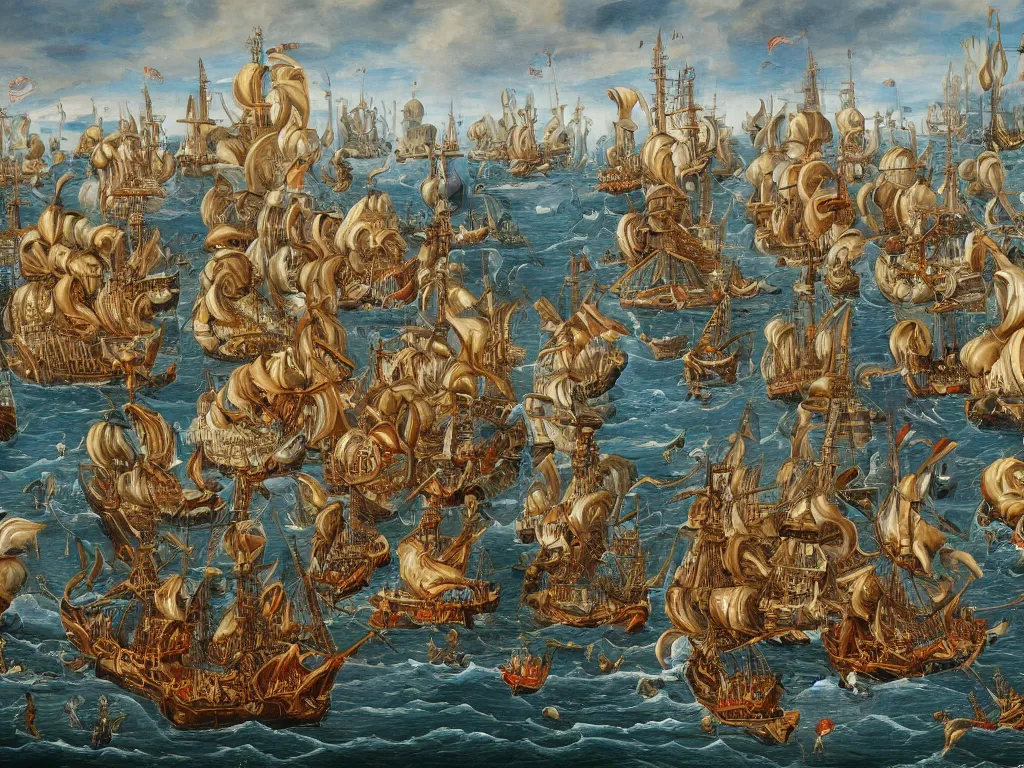 Image similar to An oil painting of a medieval naval battle, highly detailed, intricate, 4k, masterpiece