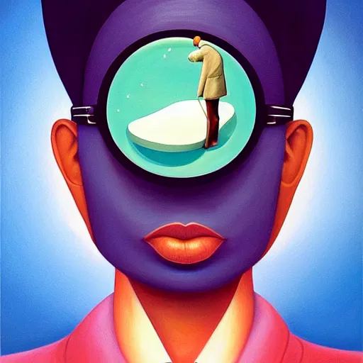 Image similar to a painting of a stylish person in the future, an ultrafine detailed painting by rafal olbinski, behance contest winner, pop surrealism, detailed painting, very detailed, minimalist, skeuomorphic, airbrush art