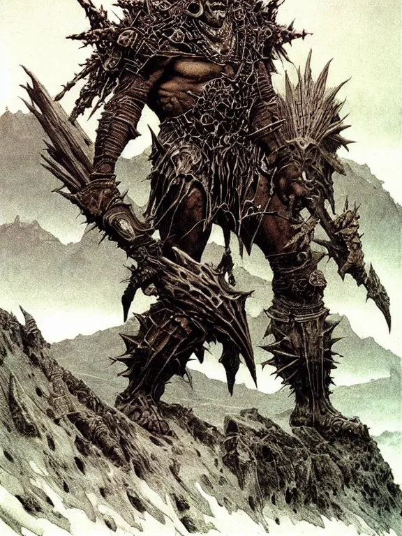 Image similar to A powerful large orc with pale skin covered in scars stands near the mountains, wearing spiky complex detailed armor without a helmet. Extremely high detail, realistic, fantasy art, scars, solo, masterpiece, saturated colors, art by Zdzisław Beksiński, Arthur Rackham