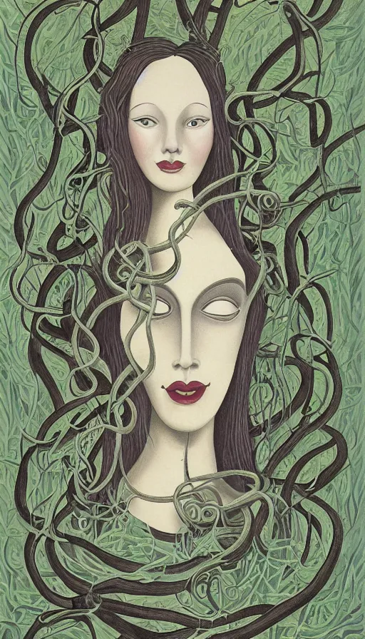 Image similar to very detailed portrait of a 2 0 years old girl surrounded by tentacles, the youg woman visage is blooming from fractal and vines, by charles addams