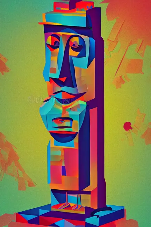 Image similar to cubist moai statue cutout digital illustration cartoon colorful beeple