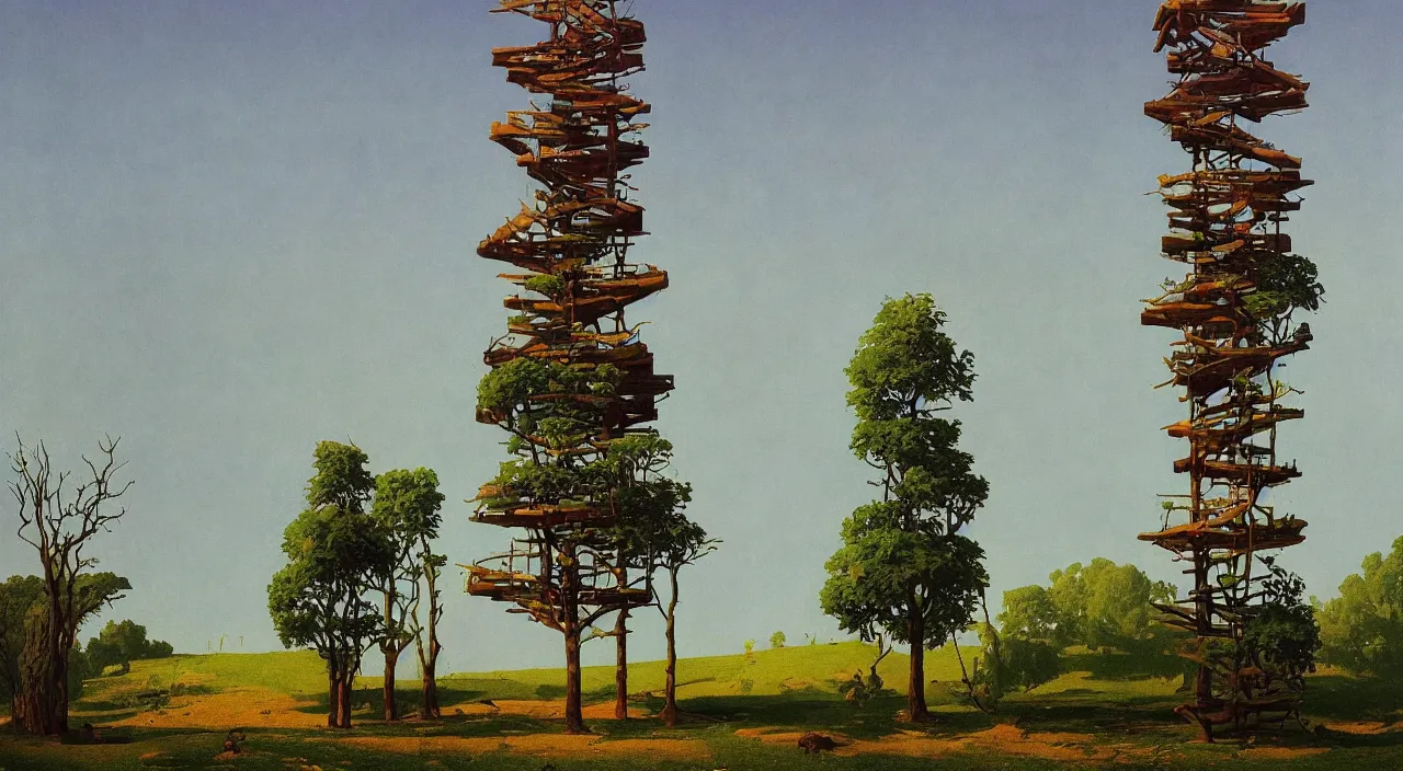 Prompt: single flooded simple wooden tree tower!, very coherent and colorful high contrast!! masterpiece by rene magritte simon stalenhag carl spitzweg syd mead norman rockwell edward hopper james gilleard, minimalist, dark shadows, sunny day, hard lighting